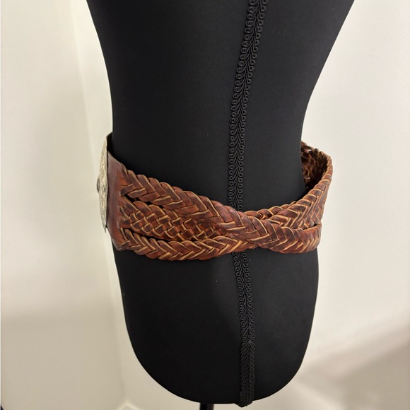 Brown Leather Braided Wide Waist Belt silver tone Concho Medium Boho western - Picture 2 of 9
